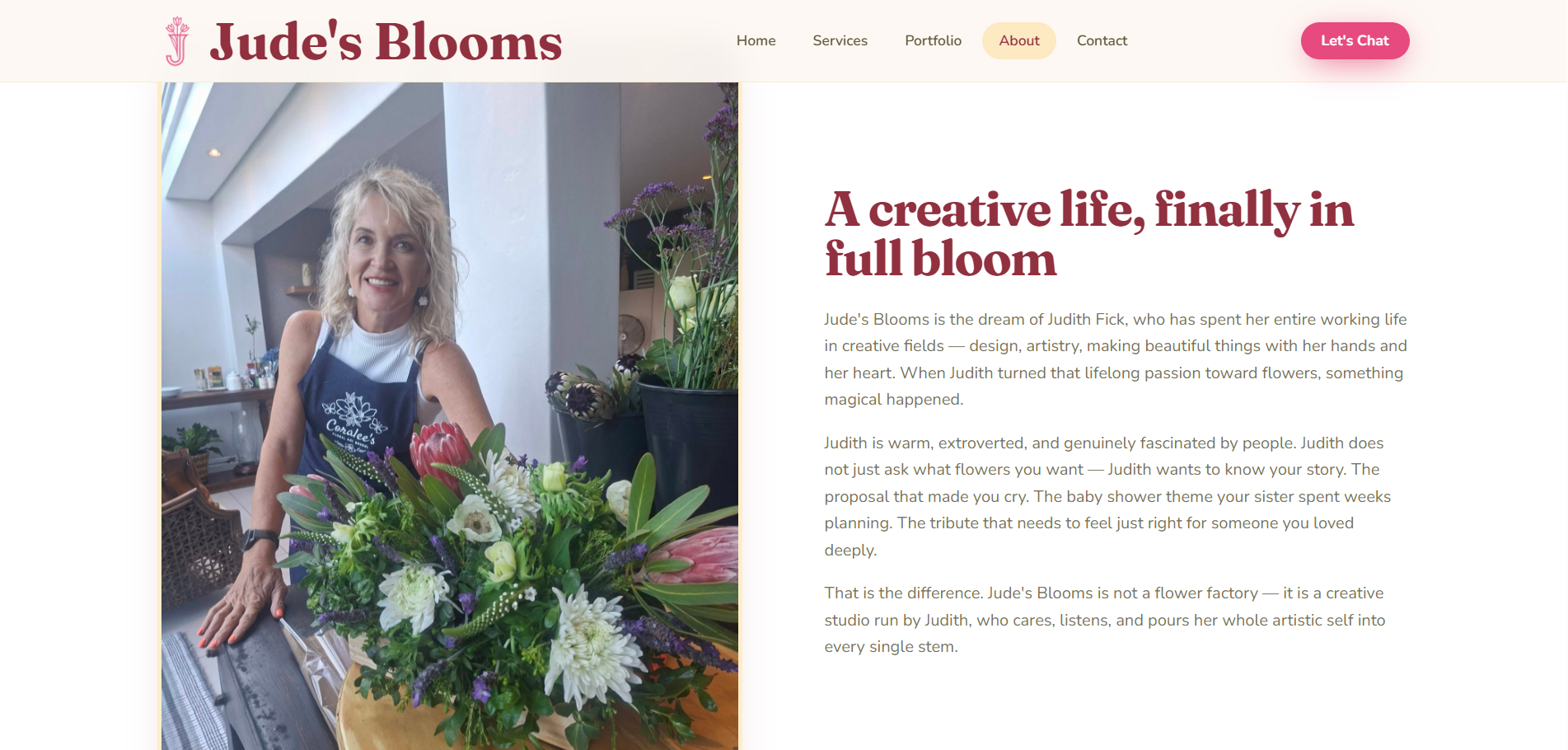 Over-pagina van Jude's Blooms, met Judith in beeld
