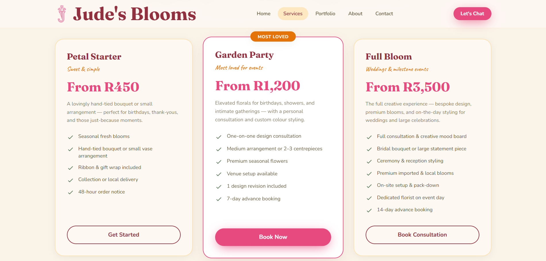 Dienstenpakketten en startprijzen op de website van Jude's Blooms