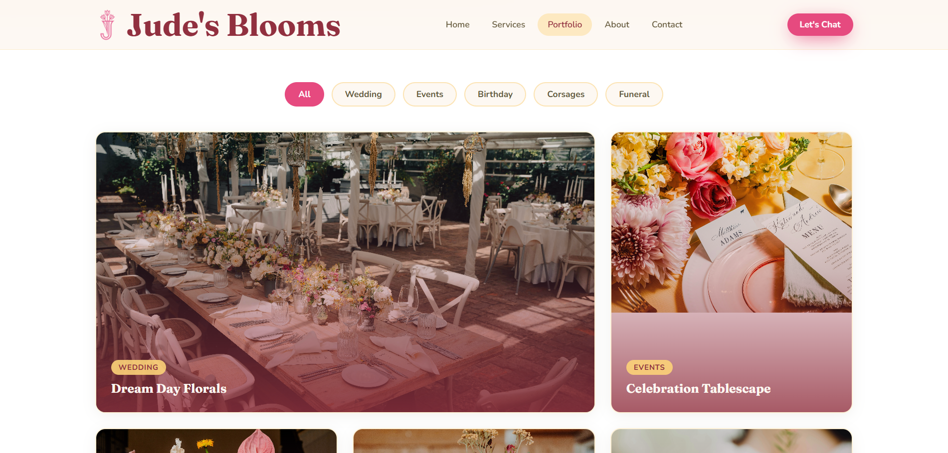 Portfolio van bloemwerk op de website van Jude's Blooms